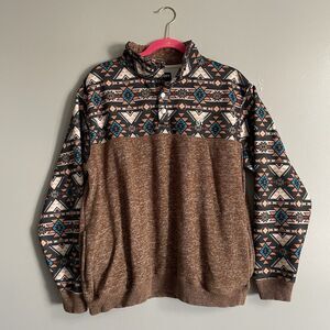 Hooey Men's Aztec Print Brown Pullover Sweater Medium Quarter Snap